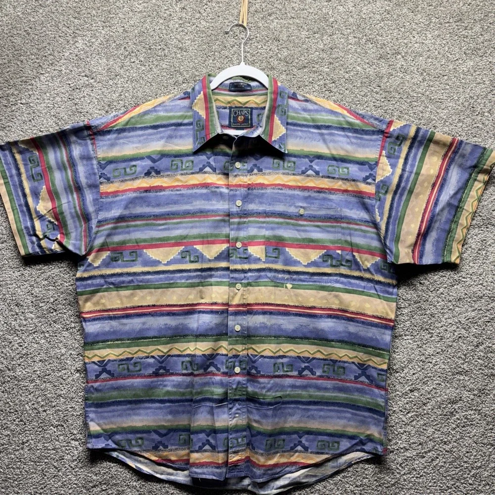 Vintage Chaps Ralph Lauren Shirt Mens Large Striped Aztec Print Short Sleeve 90s